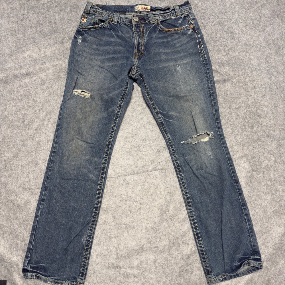 MEK Denim Cannes Mens Distressed Straight Leg Jeans Blue Medium Wash 34x32